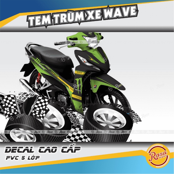 Tem Trùm xe WAVE RSX màu xanh lá đen | Decal PVC 5 lớp cao cấp | Mã tem: WAV 696