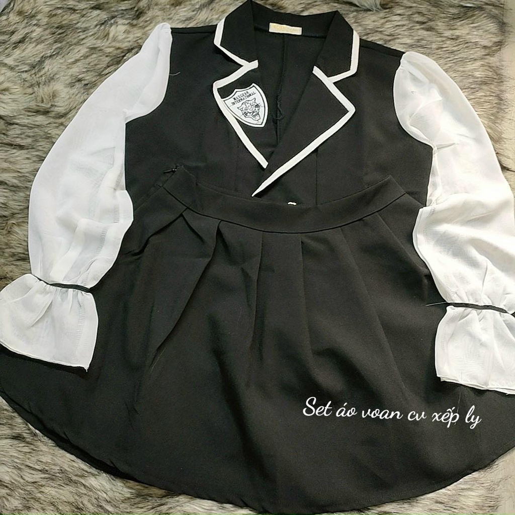 Set váy thời trang nữ, áo dài tay kèm chân váy xòe, màu đen trẻ trung cá tính