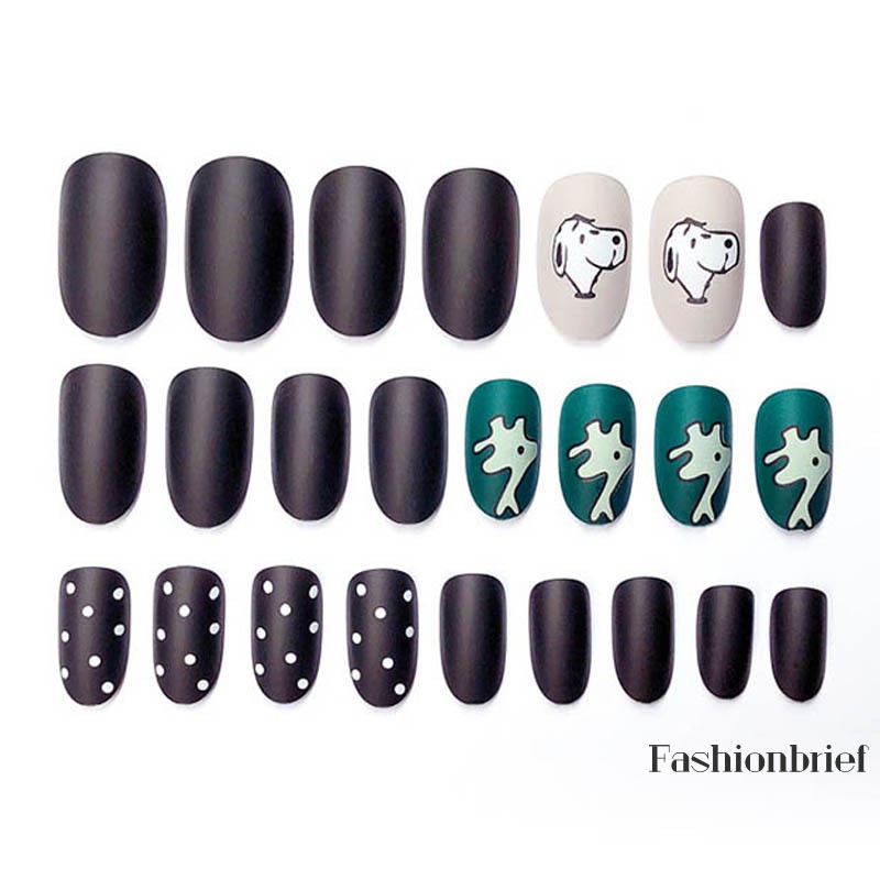Bộ 24 Móng Tay Giả Ngắn Đầu Tròn Họa Tiết Chấm Bi Đen Trắng Thời Trang Cho Nữ