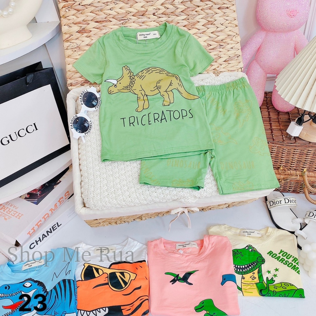 Đồ bộ thun cộc tay cho bé trai bé gái hình khủng long hàng Minky mom, cả bộ áo quần ,CT12, bé 9-32kg