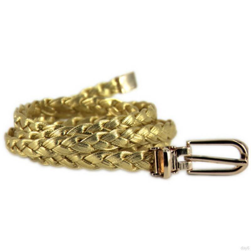 Thắt lưng da bản nhỏ thiết kế dây bện khóa kim loại mạ vàng chữ D cho nữ