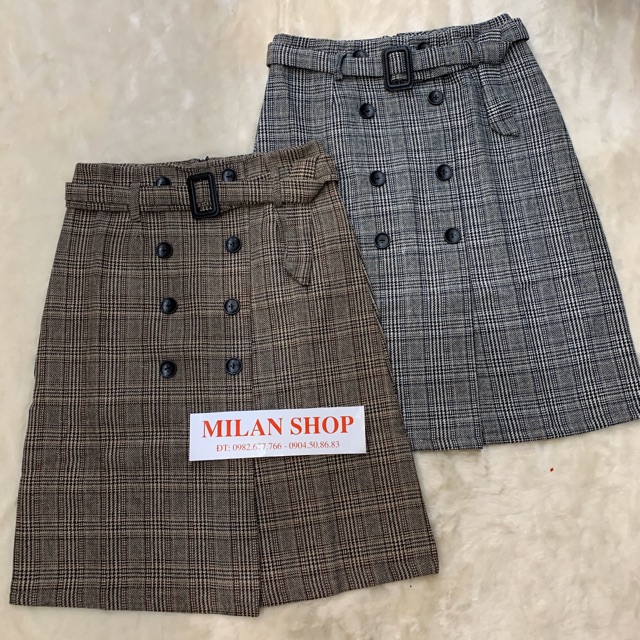 Chân váy dạ ngang gối kèm đai 2 hàng khuy thời trang. | BigBuy360 - bigbuy360.vn