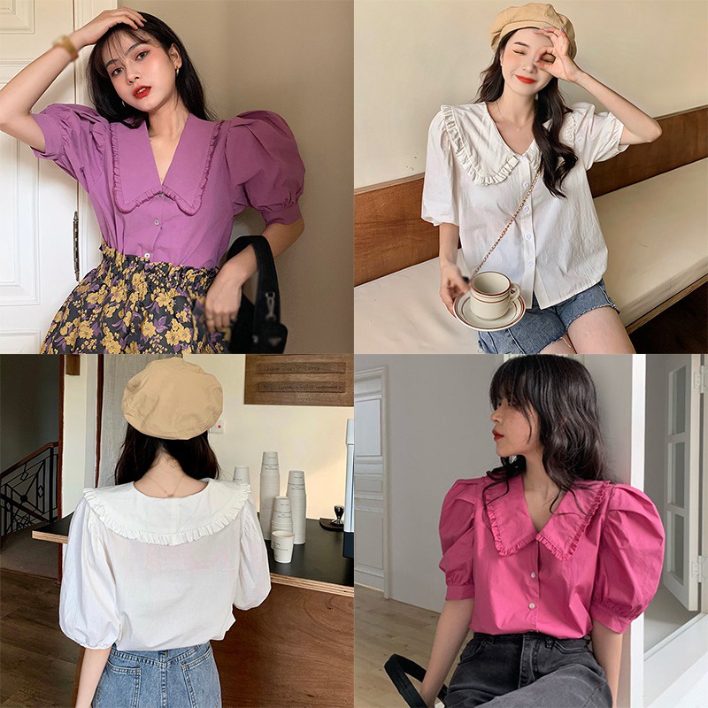 Áo Sơ Mi Tay Ngắn Phồng Cổ Búp Bê Màu Trơn Phong Cách Hàn Quốc Thời Trang Cho Nữ