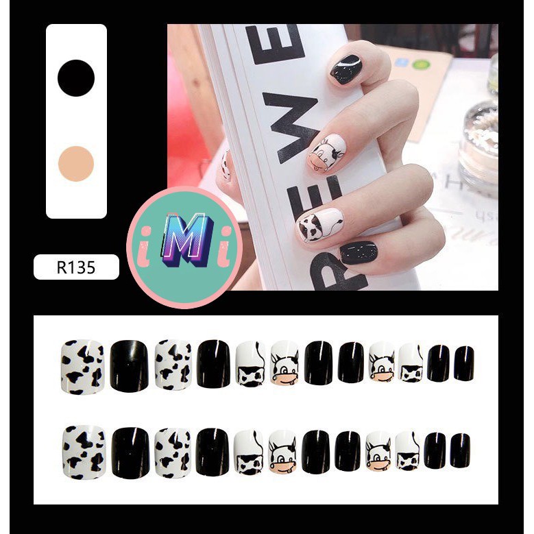 Set 24 móng tay giả họa tiết bò sữa siêu cute tặng kèm keo dán iMi 135