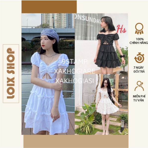 Váy trễ vai rút ngực hở vai eo 2 màu đen trắng LOIX mã 1057