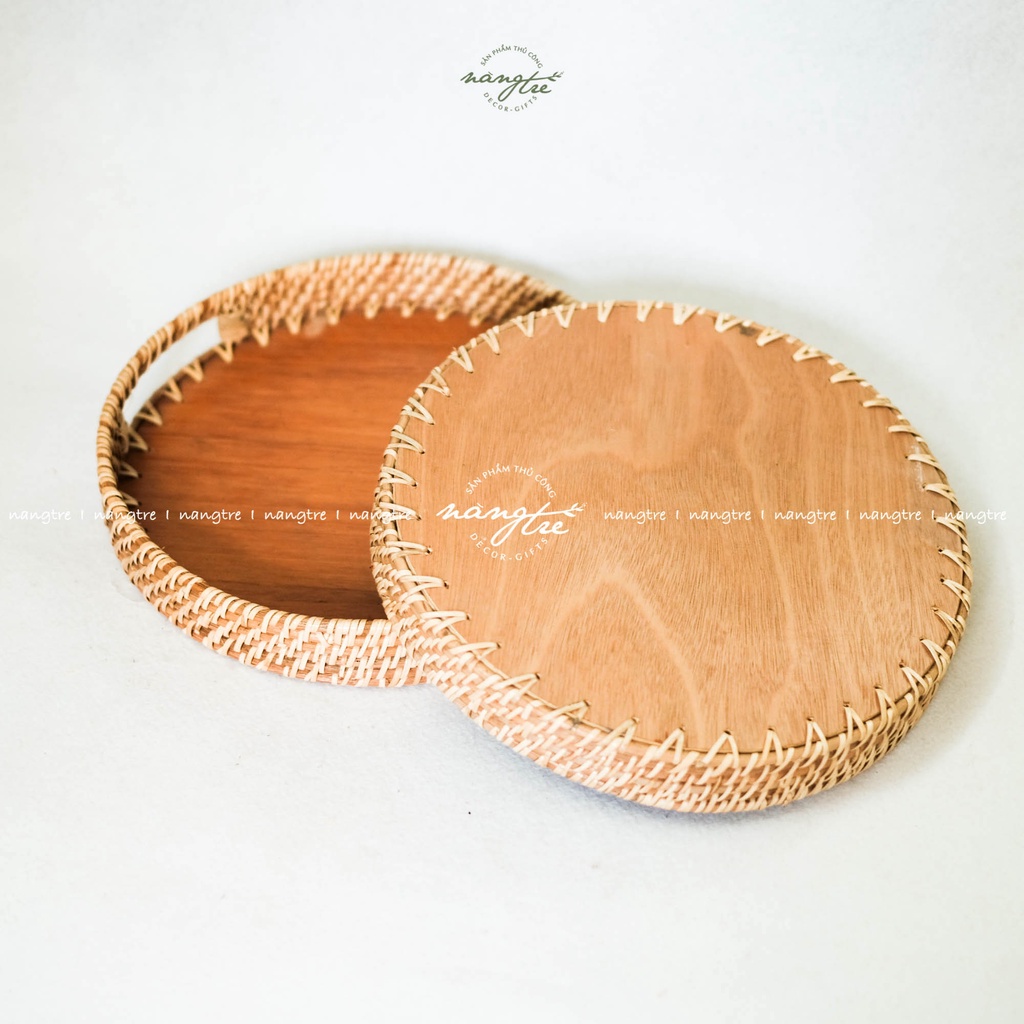 Khay trà gỗ óc chó - Khay tròn có quai (30cm) Wooden tea tray