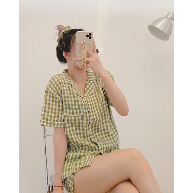 Bộ Pijama Kẻ Caro Kèm Scrunchies Siêu Xinh, Set Mặc ở Nhà | BigBuy360 - bigbuy360.vn
