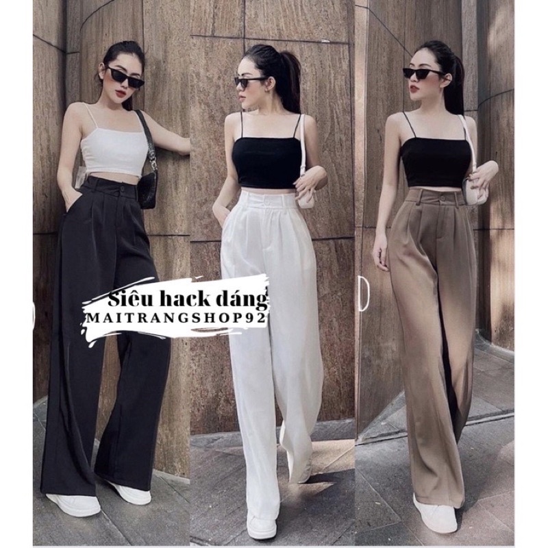 Quần ống rộng nữ dáng dài lưng cao ulzzang màu đen, nâu tây choco vải lụa hàn phong cách Hàn quốc Maitrangshop –