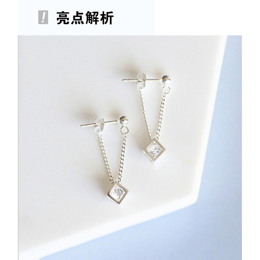 Bông Tai Mạ Bạc 925 Hình Khối Lập Phương Đính Đá Zircon Phong Cách Sang Trọng