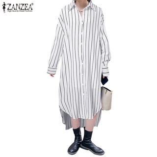 Đầm maxi nữ ZANZEA tay dài kẻ sọc gài nút thiết kế cổ bẻ
