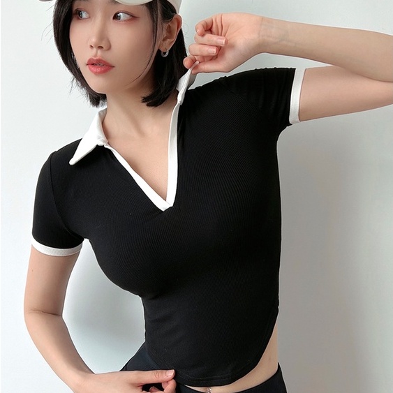 Áo thun thể thao cổ polo ôm dáng thiết kế năng động cho nữ