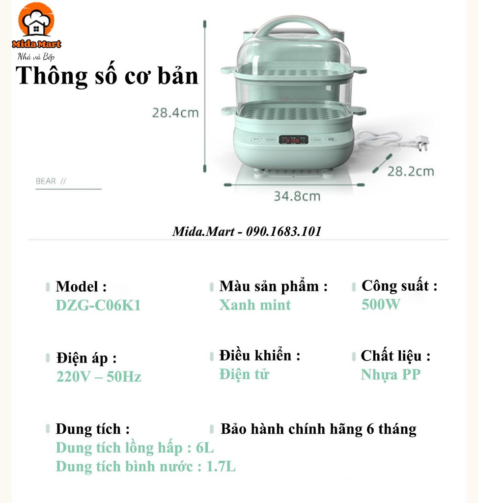 NỒI HẤP 2 TẦNG 6L MÀU XANH BEAR CHÍNH HÃNG DZG-C60K1