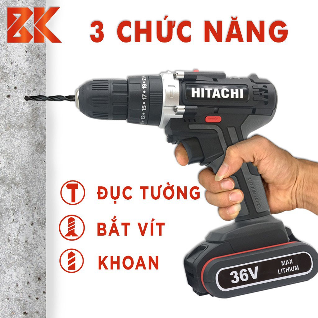 (Tặng bộ phụ kiện 22 chi tiết) Máy Khoan Pin Hitachi 36V 3 Chức Năng - Khoan Bê Tông - Bắt Vít - Hitachi 36V