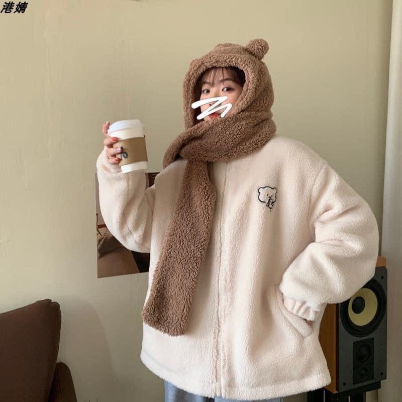 Áo khoác lông thỏ  3 lớp dày dặn, cổ cao thêu hình gấu cute