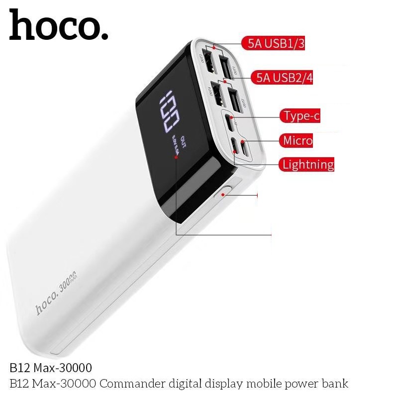 Pin sạc dự phòng Hoco B12 Max 30000mAh Commander 3 cổng input, 4 cổng input max 5A - Hãng phân phối chính thức