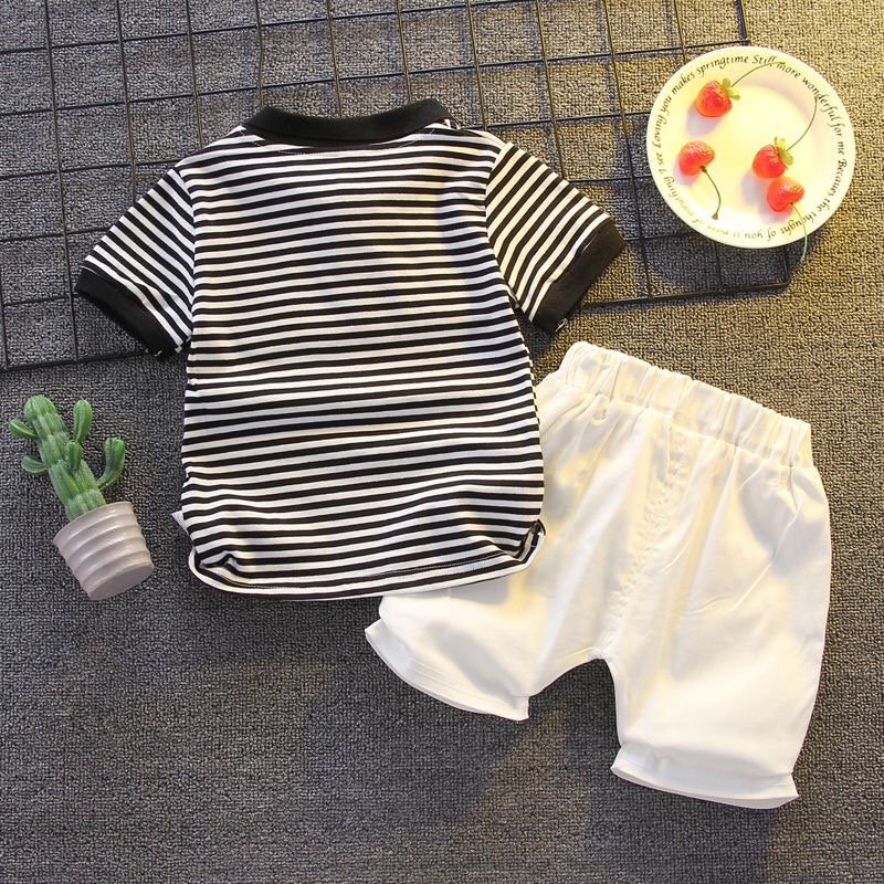 Set Áo Sơ Mi Tay Ngắn Kẻ Sọc + Quần Short Cotton Màu Trơn Thời Trang Mùa Hè Cho Bé Size 80-120cm