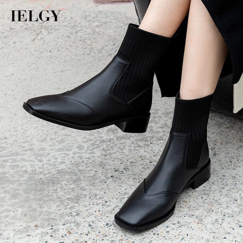 Giày bốt IELGY gót vuông co giãn thời trang Anh Quốc sành điệu dành cho nữ