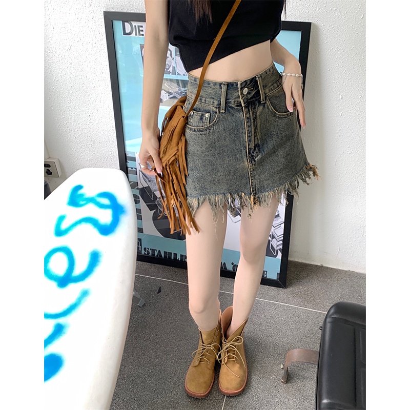 Chân váy jean Chữ A Lưng Cao Phong Cách retro Thời Trang Hàn Quốc Cho Nữ