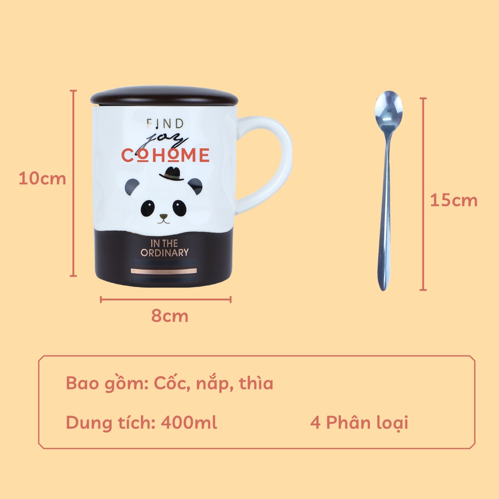 Cốc sứ có nắp trắng đen 4 con vật, dung tích 400ml, có kèm thìa pha cà phê, pha trà