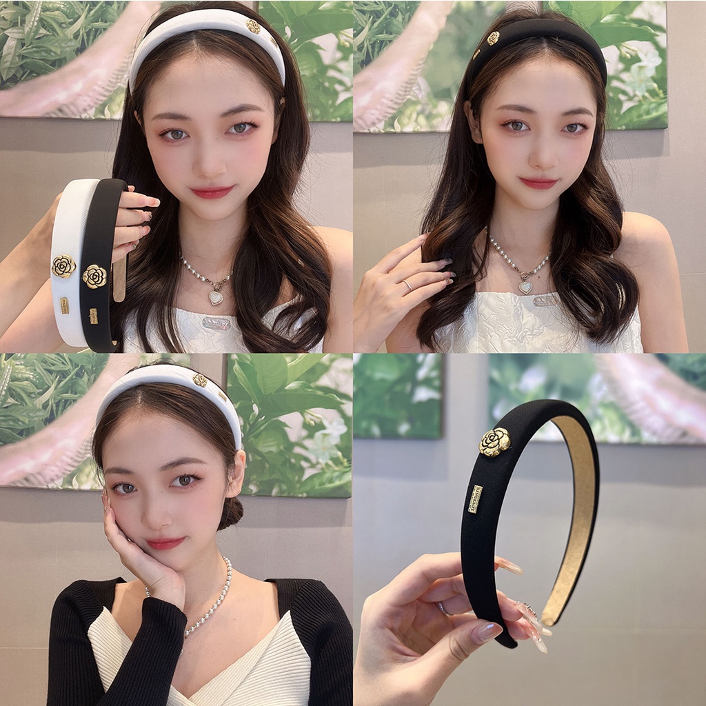 Băng Đô Cài Tóc Đính Hoa Trà Đen Trắng Phong Cách Hàn Quốc Dễ Thương cho nữ, bờm tóc đính hoa trà mẫu mới 2022