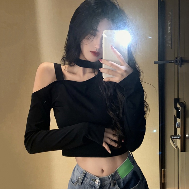 Áo Croptop Tay Dài Thiết Kế Lệch Vai Quyến Rũ Phong Cách Hàn Quốc