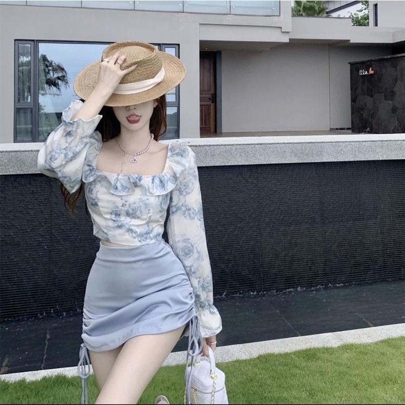 SET ÁO HOA CROPTOP XANH BÈO LƯNG CHUN + CHÂN VÁY XANH RÚT BÊN
