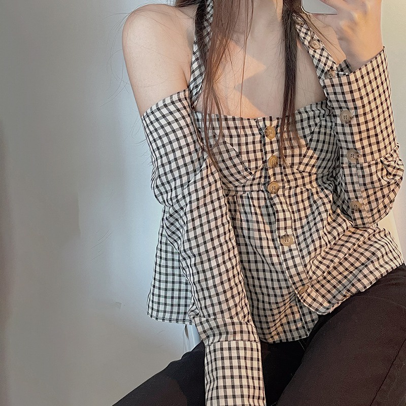 Áo Sơ Mi Tay Dài Dáng Rộng Trễ Vai Họa Tiết Sọc Caro Phong Cách Vintage Hàn Quốc