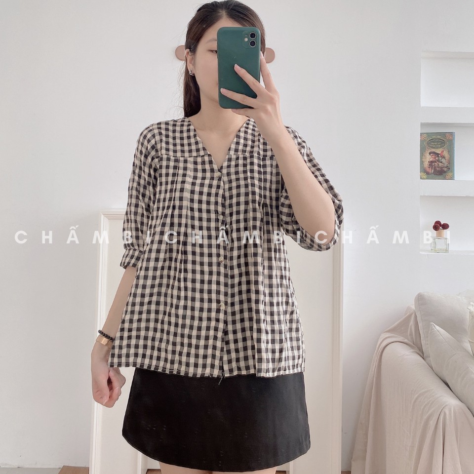 [SALE] Áo Kiểu Nữ Đẹp A.199, áo babydoll kiểu nữ hàn quốc họa tiết kẻ caro cổ V hai màu ngọt ngào