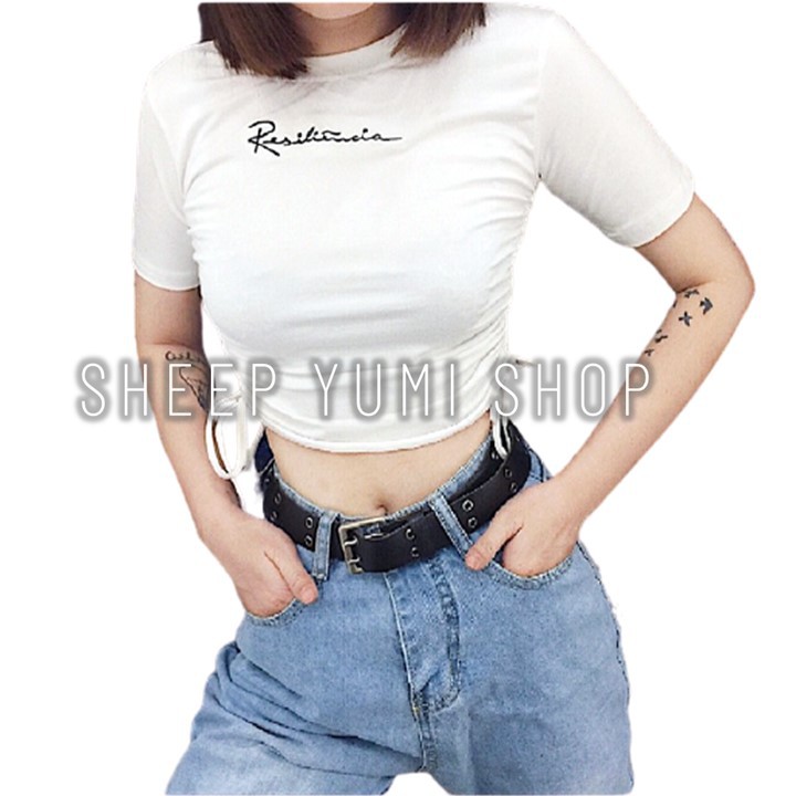 Áo Croptop Nữ Rút Eo Thêu Chữ Thun Borip Cổ Tròn SHEEP YUMI SHOP AC02