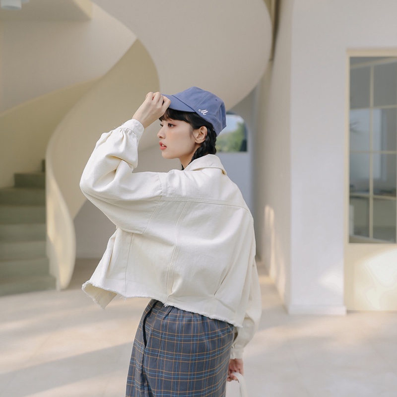 Áo khoác denim IELGY dáng rộng màu tím nhạt/ trắng kiểu Hàn Quốc xinh xắn cho nữ