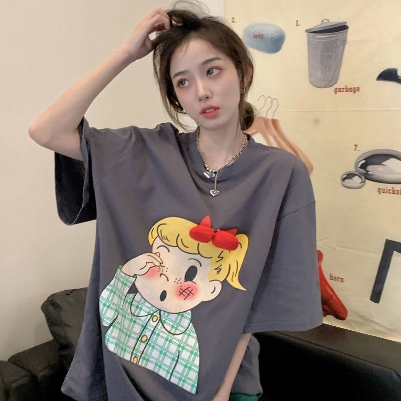 Jiashucheng Áo Thun Dáng Rộng Đính Nơ Dễ Thương Thời Trang Mùa Hè Cho Bạn Gái