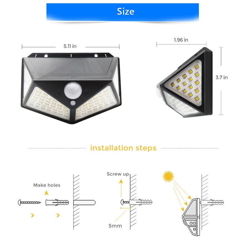 GBKOF 100 LED Ánh sáng mặt trời ngoài trời Đèn năng lượng mặt trời được cung cấp năng lượng từ ánh sáng mặt trời Cảm biến chuyển động PIR không thấm nước Đèn đường để trang trí sân vườn