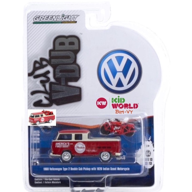 Xe mô hình GreenLight Club V-DUB Series 13 1968 Volkswagen Type 2 Double Cab Pickup Indian Scout Motorcycle 36030-A.