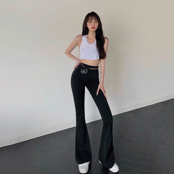 Quần legging nữ Ladya ống loe cạp cao vải thun cotton dày dặn màu đen dáng dài chuẩn form tôn dáng