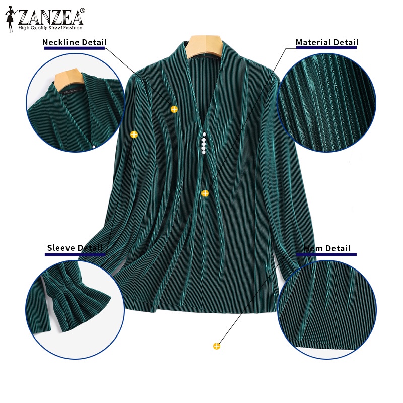 Áo kiểu ZANZEA dài tay cài nút trước xếp nếp thời trang cho nữ