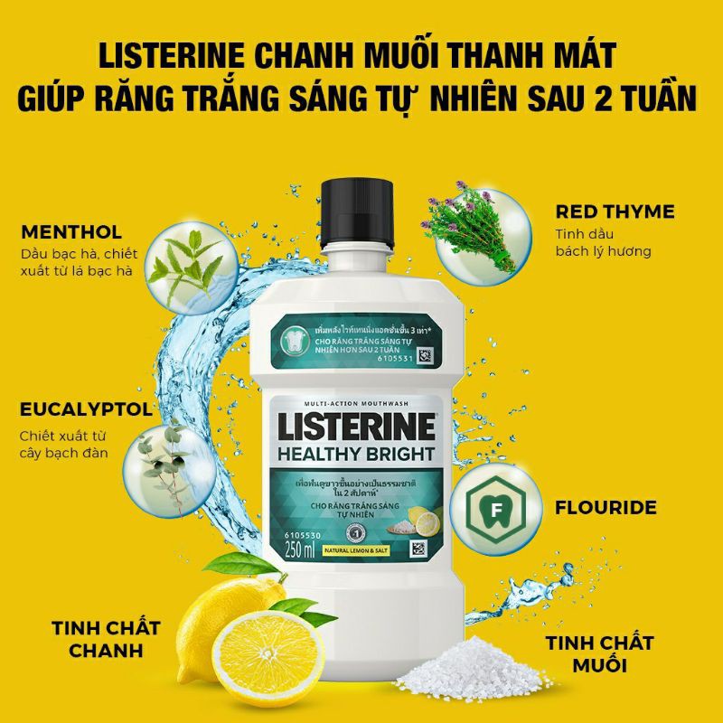 Listerine Healthy bright 250ml giúp răng trắng sáng