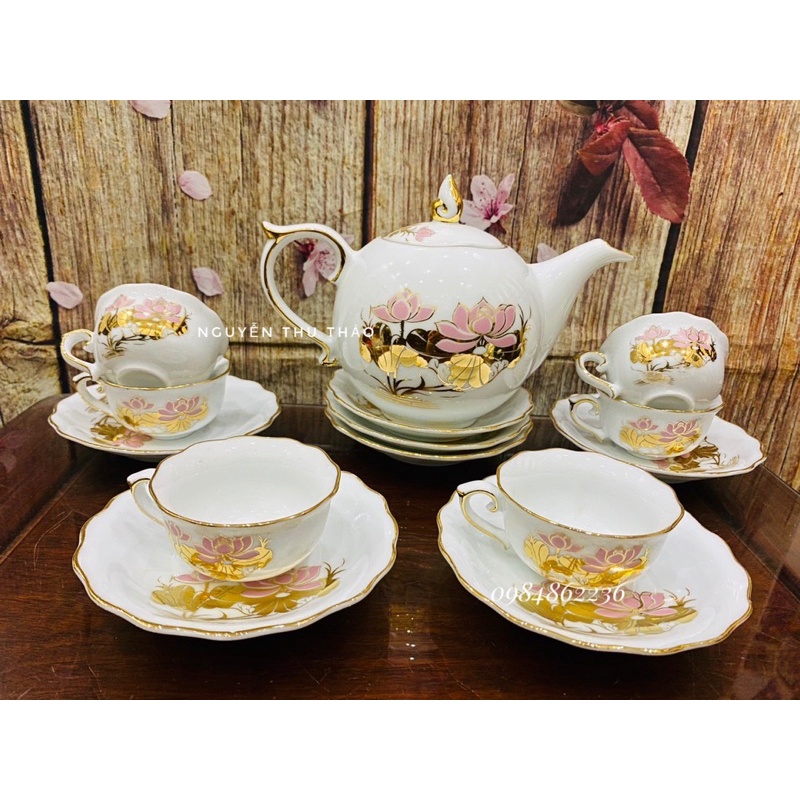Bộ ấm chén MẪU ĐƠN TRẮNG VẼ CẢNH VIỀN VÀNG BÁT TRÀNG- Bộ trà đẹp