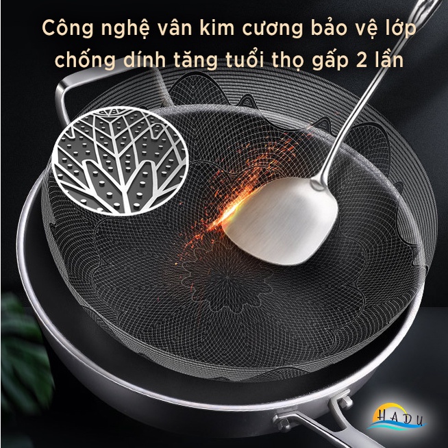 Chảo chống dính cao cấp inox 316 sâu lòng bếp từ có nắp kính cường lực 5 lớp kháng khuẩn truyền nhiệt nhanh đều HADU