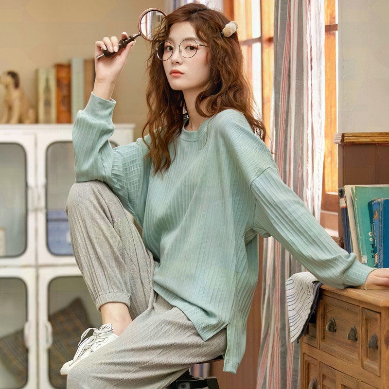 Bộ đồ ngủ tay dài 100% cotton in họa tiết hoạt hình ngọt ngào thời trang xuân thu cho nữ