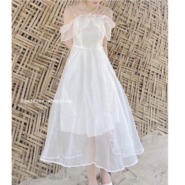 Váy đầm hai dây tơ bèo ngực trễ vai hai lớp siêu xinh L1 ptp