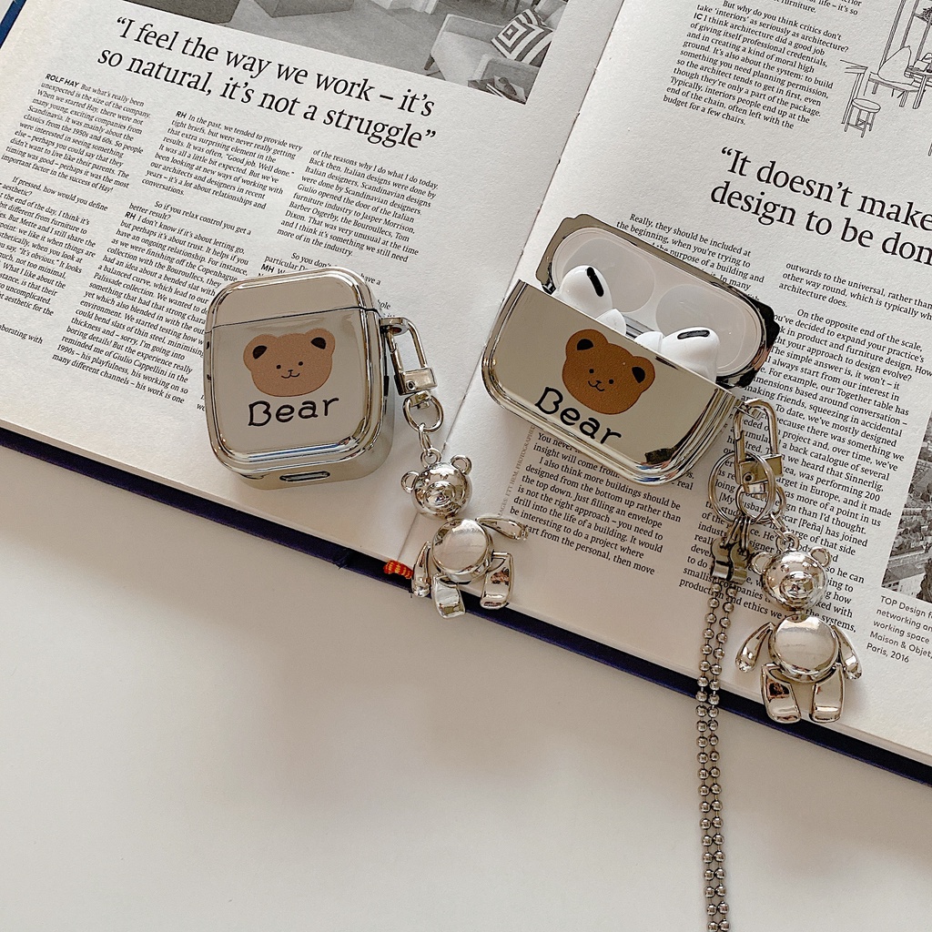 Vỏ bảo vệ hộp đựng tai nghe chất liệu cứng mạ phối hình gấu+dây đeo cho AirPods 1 2 3pro AirPods Pro
