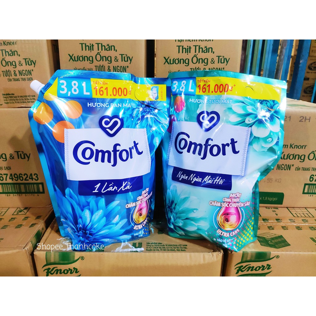 COMFORT Nước Xả Vải Làm mềm vải 3.8 lít 3.8l Hương Ban Mai Ngăn Ngừa Mùi Hôi 1 Lần Xả Túi Lớn Có vòi 3,8l