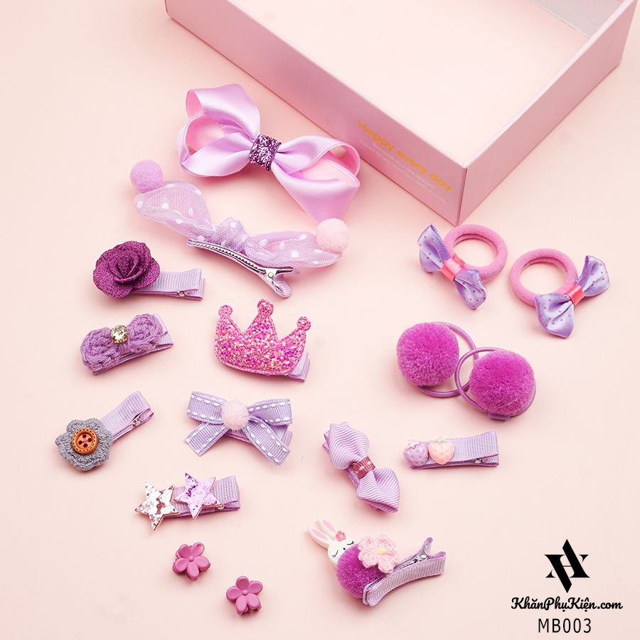 Hộp kẹp tóc quà tặng cho bé gái 18 phụ kiện siêu dễ thương iLita phong cách Hàn Quốc đủ màu (Hồng, Đỏ, Tím)