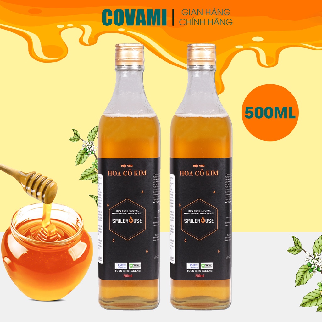 Mật ong nguyên chất hoa cỏ kim nhãn Smilehouse PREMIUM của COVAMI chai thuỷ tinh 500ML