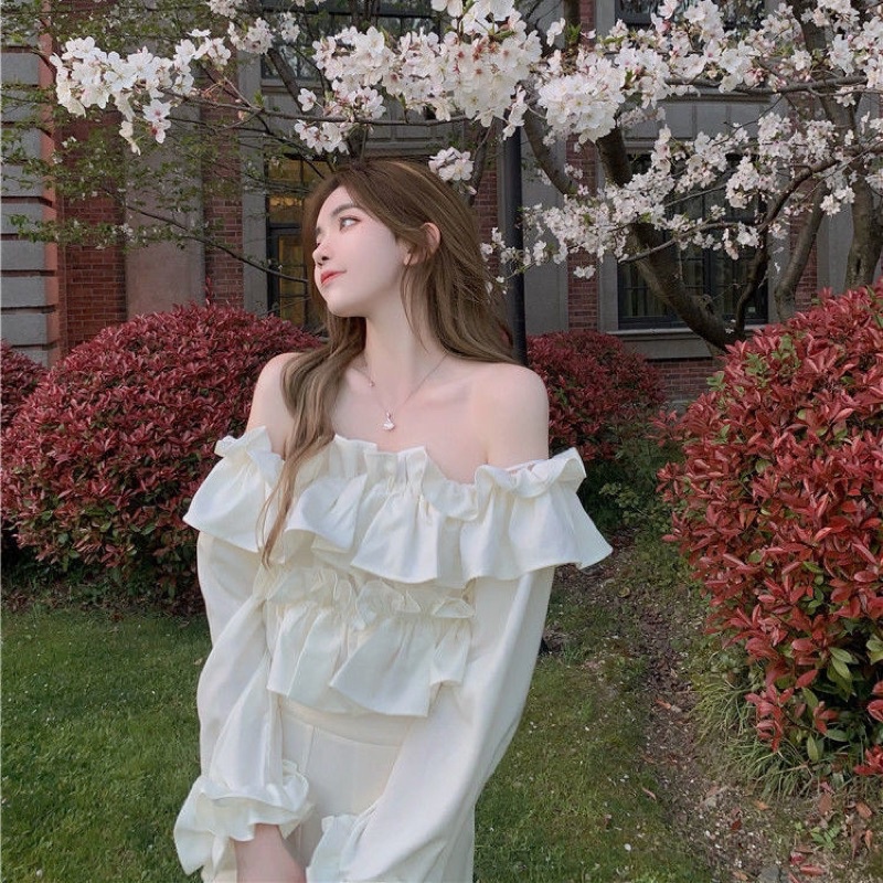Áo Trễ Vai Croptop Bèo Nhún Trắng Bánh Bèo Nữ Tiểu Thư Dài Tay