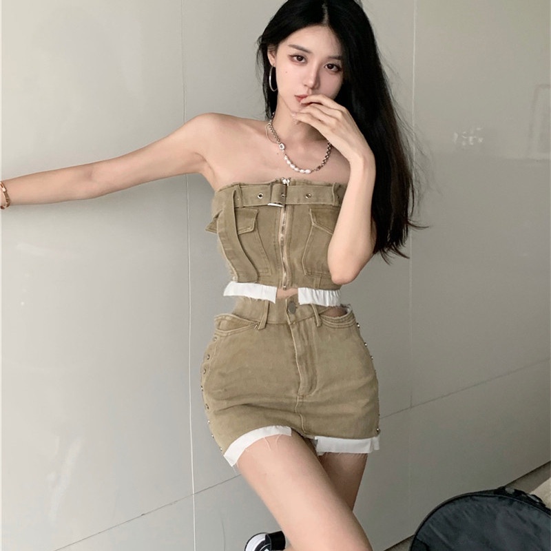 Bộ Áo Ống Và Chân Váy Denim Lưng Cao Thời Trang Mùa Hè Quyến Rũ Cho Nữ