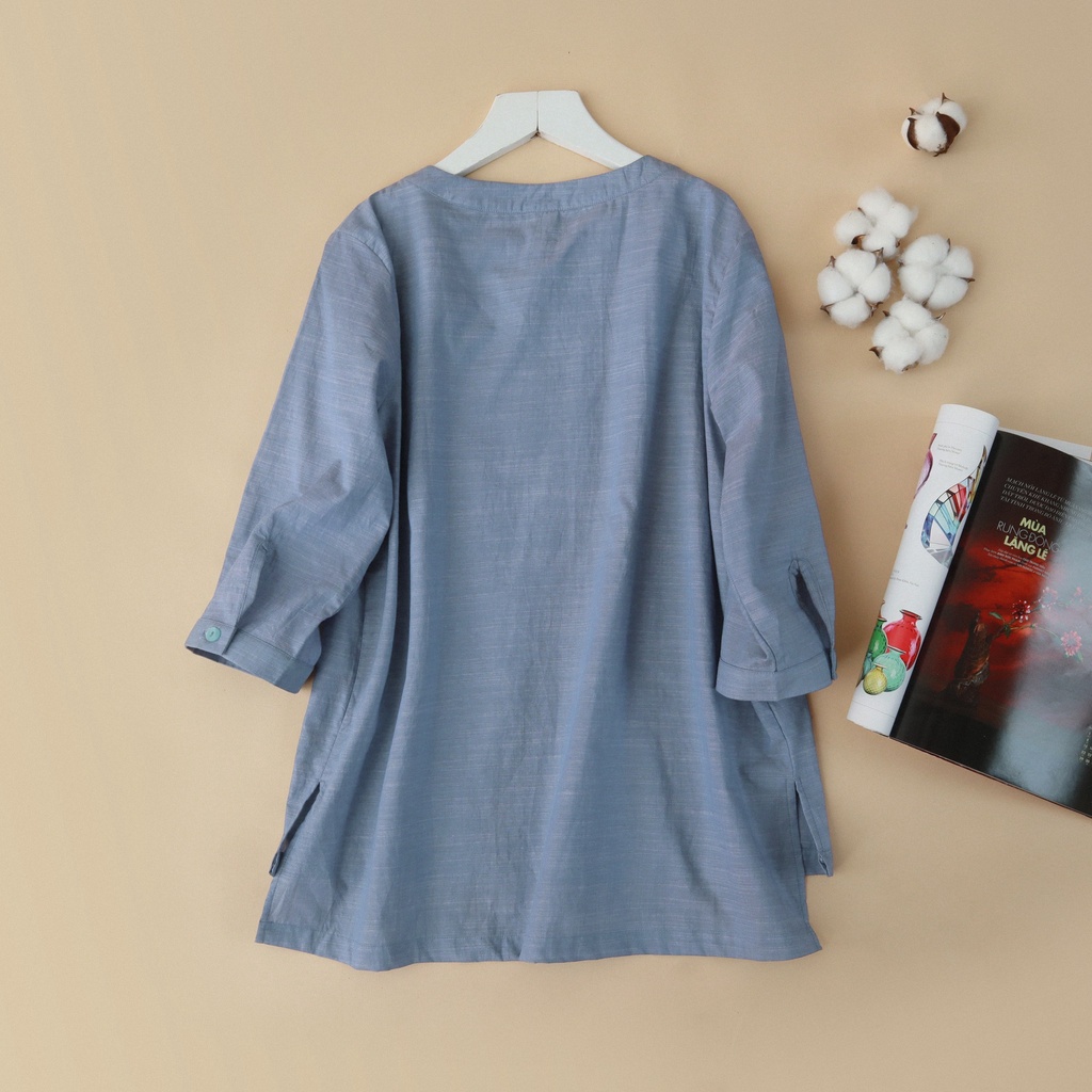 Áo Linen kiểu tay lững KACHISA màu xanh phối nút
