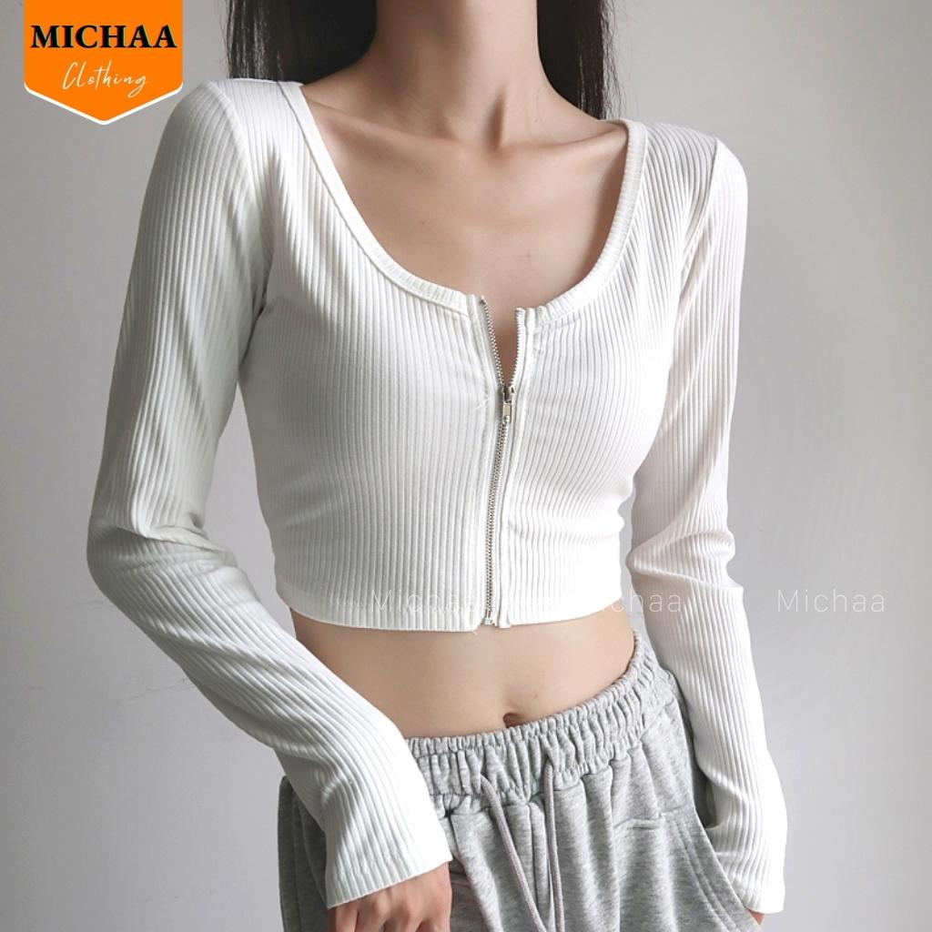 Áo Croptop Tay Dài DÂY KÉO NGỰC Nữ Thun Gân Ulzzang Kiểu Cổ Vuông Đẹp Ôm Body - MICHAA