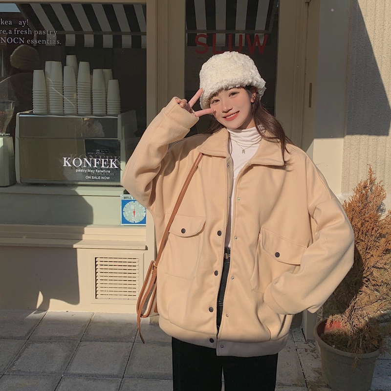 Áo khoác tay dài dáng rộng màu trơn dễ phối đồ thời trang phong cách Hàn Quốc