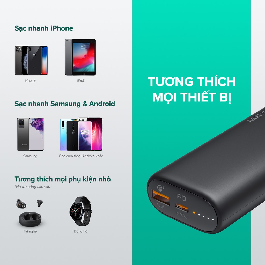 Pin Sạc Aukey PB-Y36 10.000 mAh, Lõi Tesla Bền X7 Lần, Sạc Nhanh 18W - BH Chính Hãng 18 Tháng